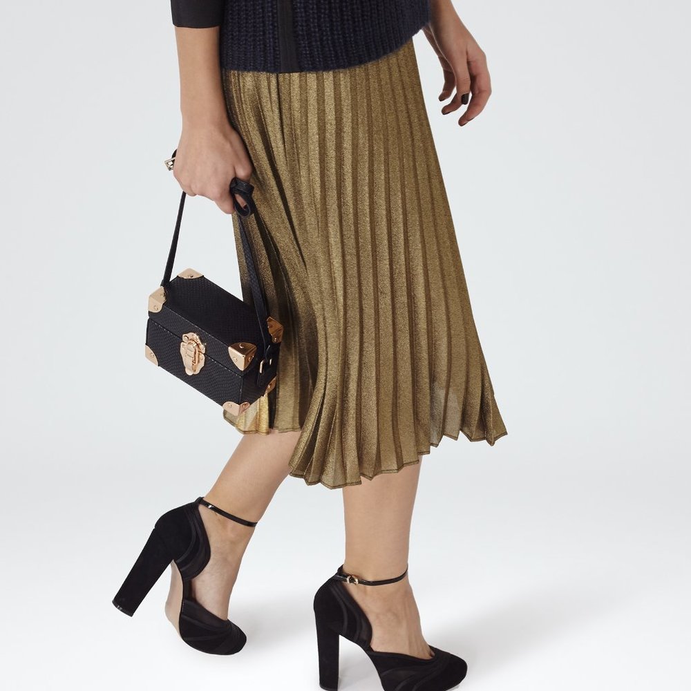 Reiss Kaeya Metalling Bronze Pleat Skirt